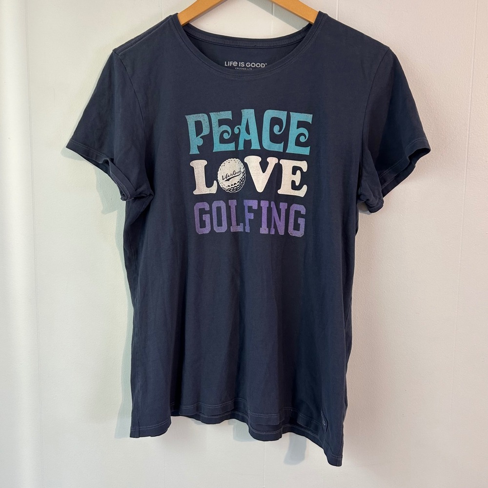 Life is Good Womens Crusher-Lite Peace Love Golfing Graphic Tee Navy Blue Large